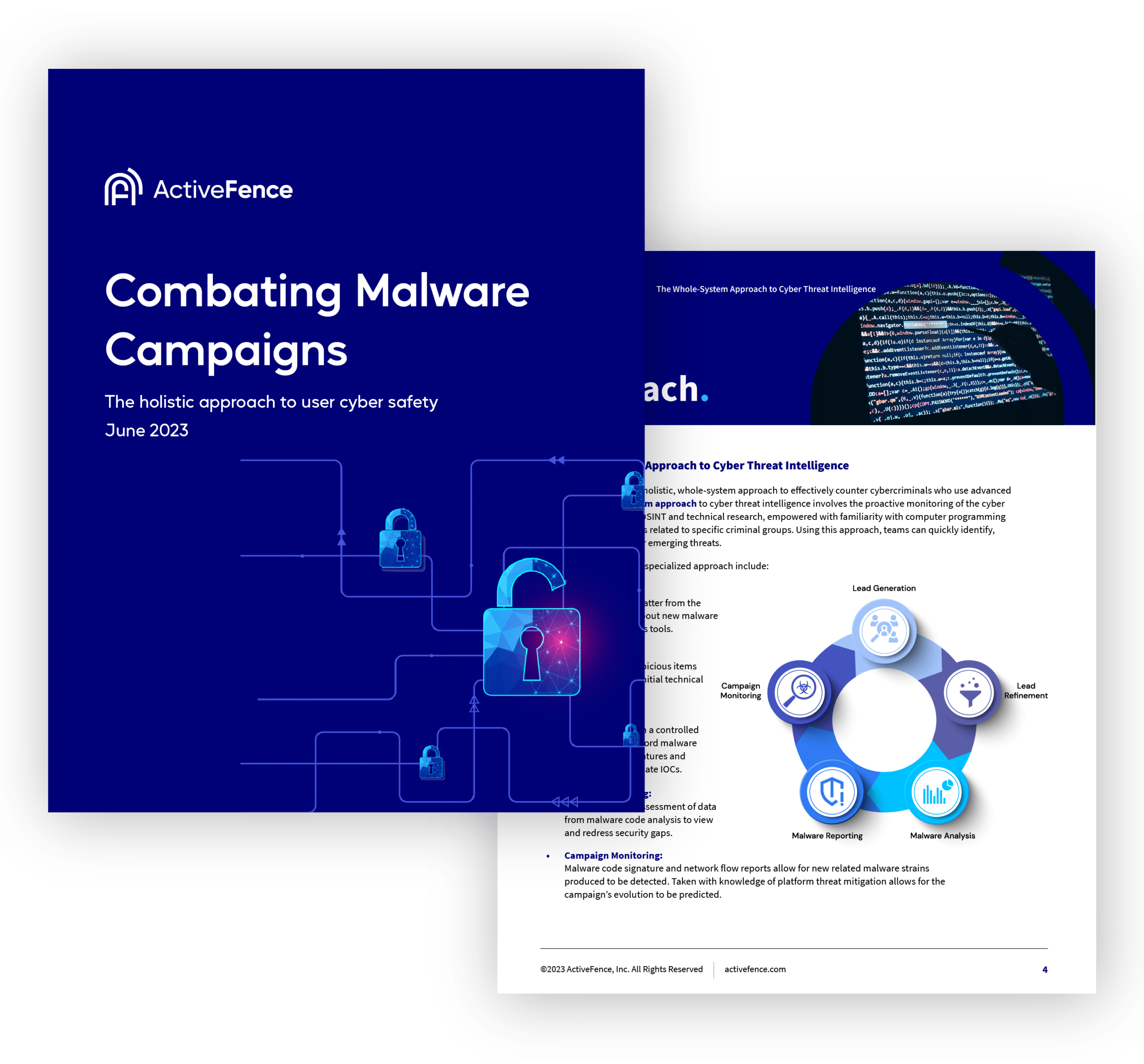 Cover and a page of an ActiveFence report titled 'Combating Malware Campaigns: The holistic approach to user cyber safety,' dated June 2023.