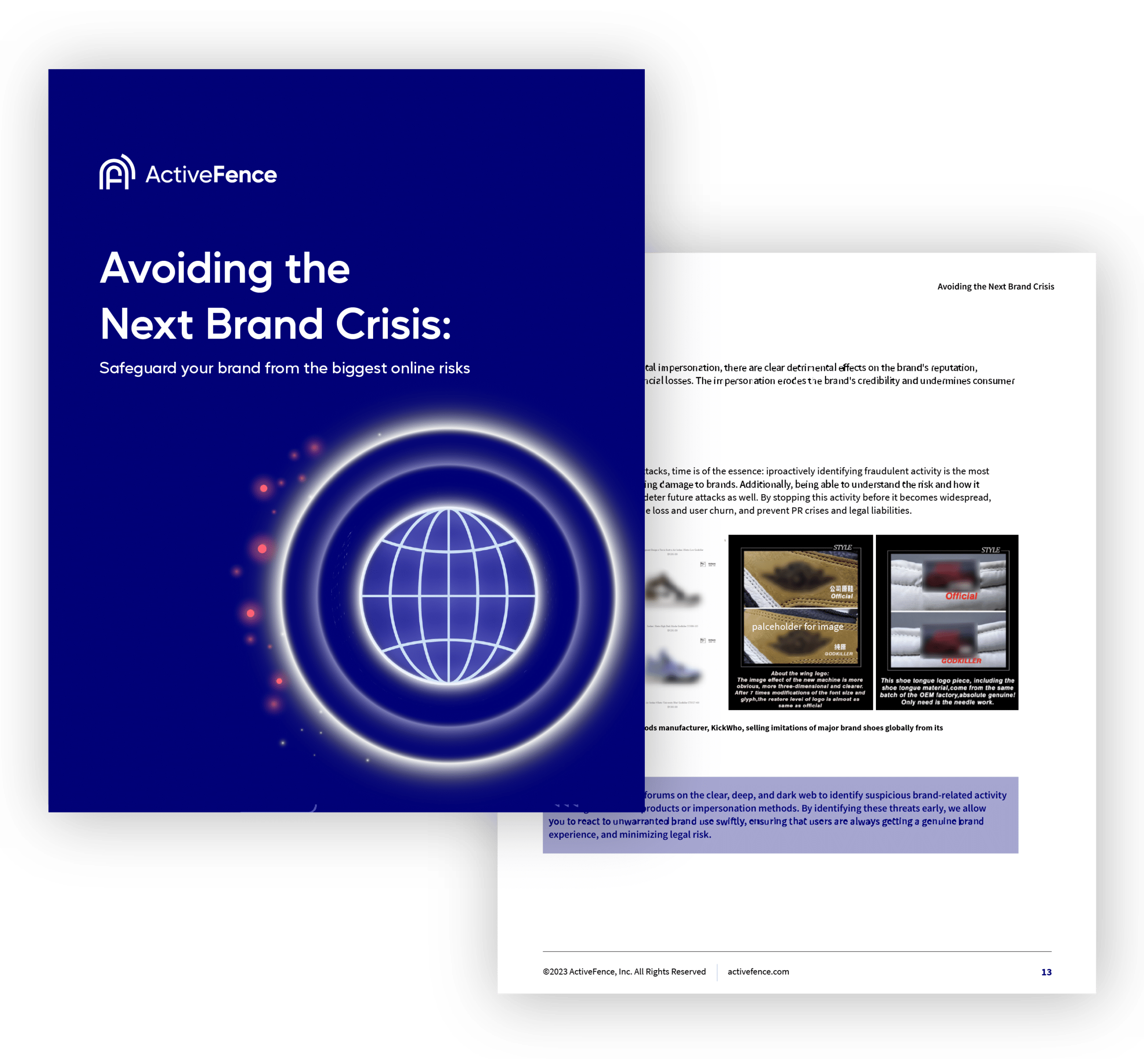 Cover and inside page of ActiveFence eBook titled 'Avoiding the Next Brand Crisis: Safeguard your brand from the biggest online risks'.