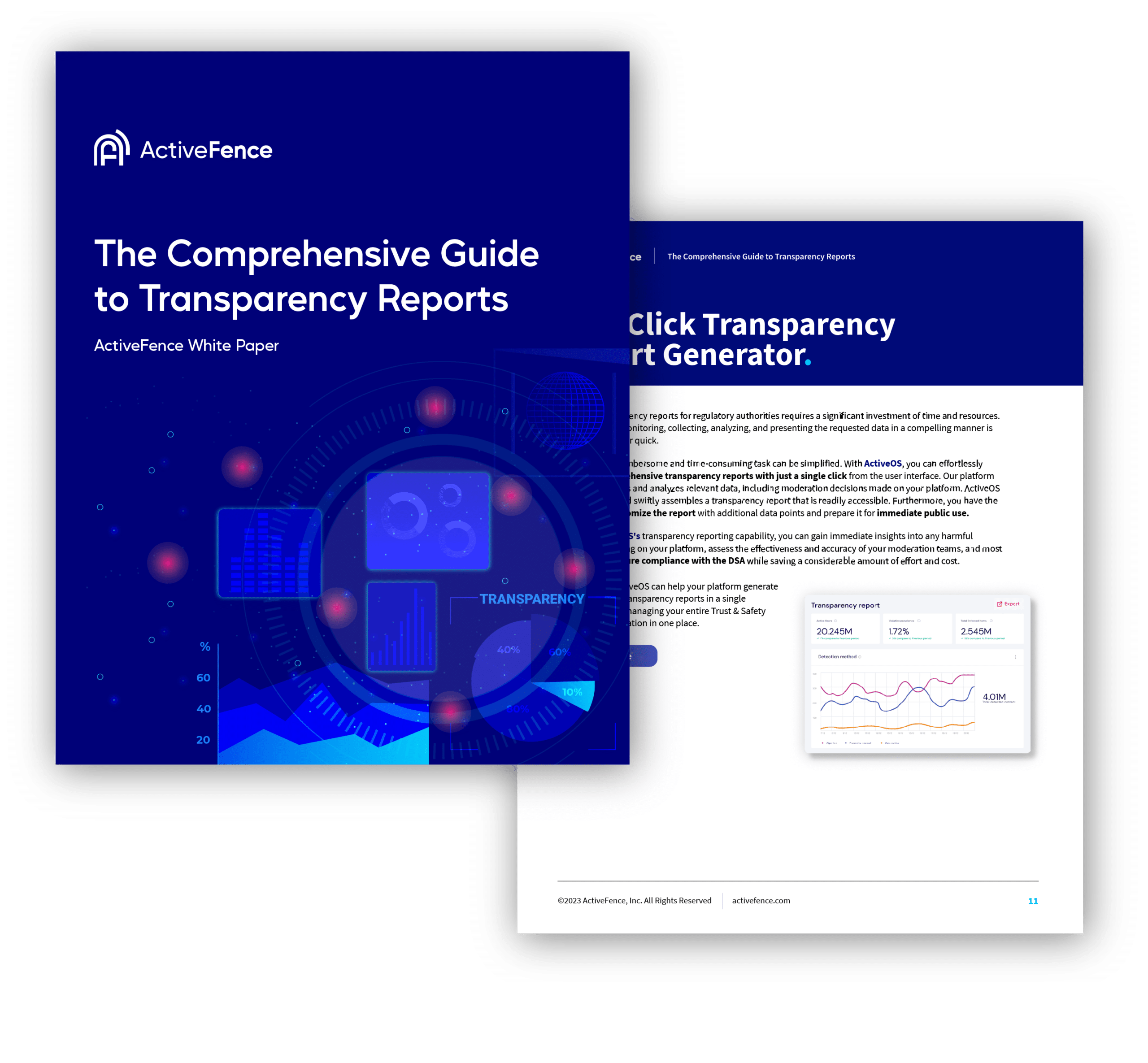 Cover and inside page of an ActiveFence white paper titled 'The Comprehensive Guide to Transparency Reports,' featuring a digital graphic design with charts and data visualizations.