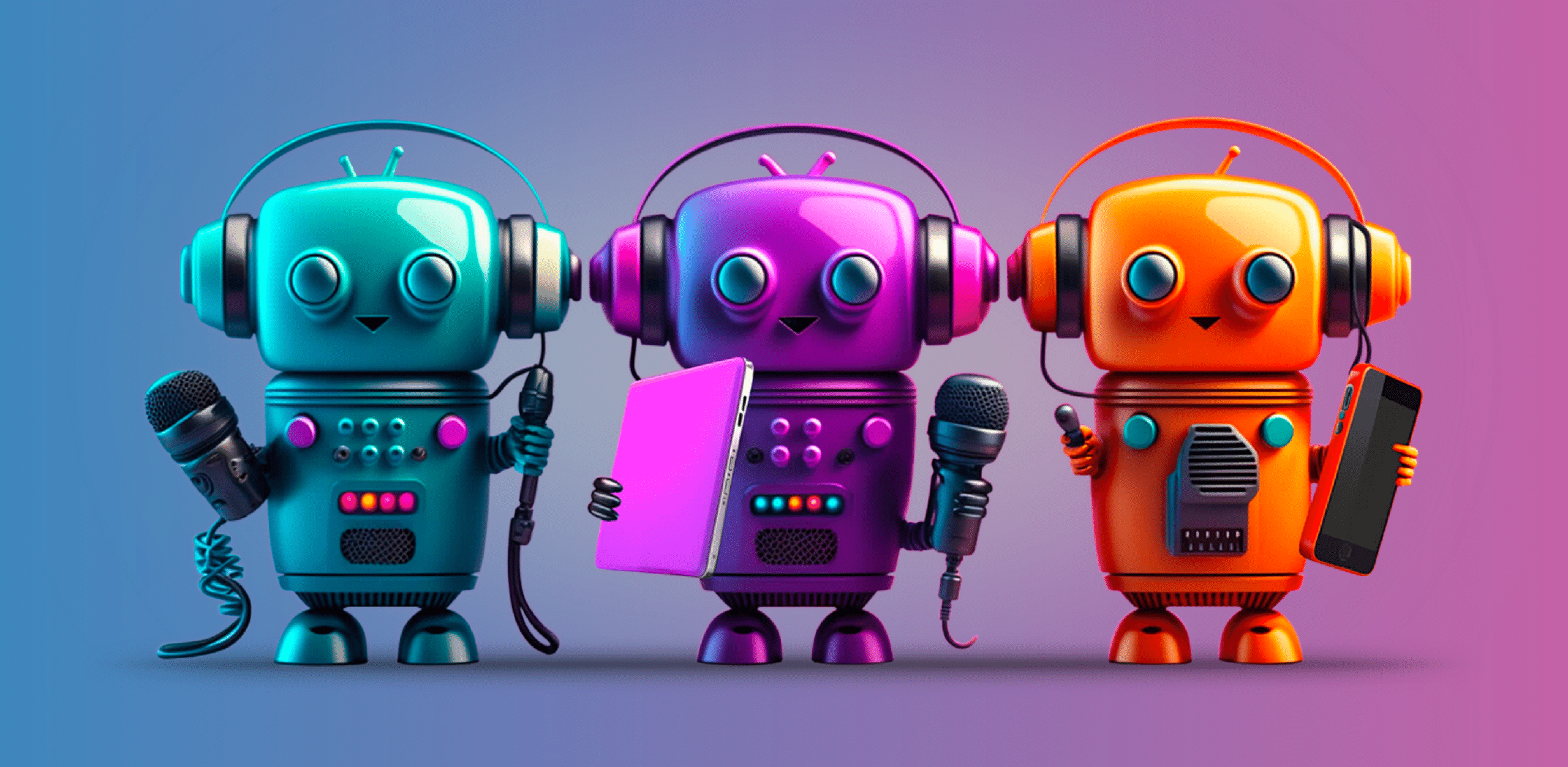 Three colorful robots with headphones, microphones, and a tablet against a gradient blue and purple background.