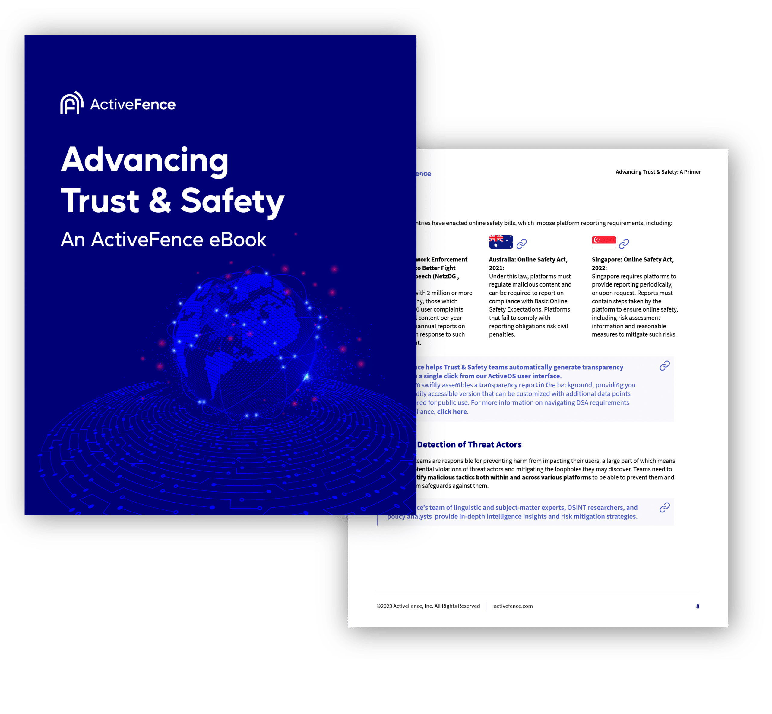 Cover and inside page of the ActiveFence eBook titled 'Advancing Trust & Safety.' The cover features a digital globe with interconnected points.