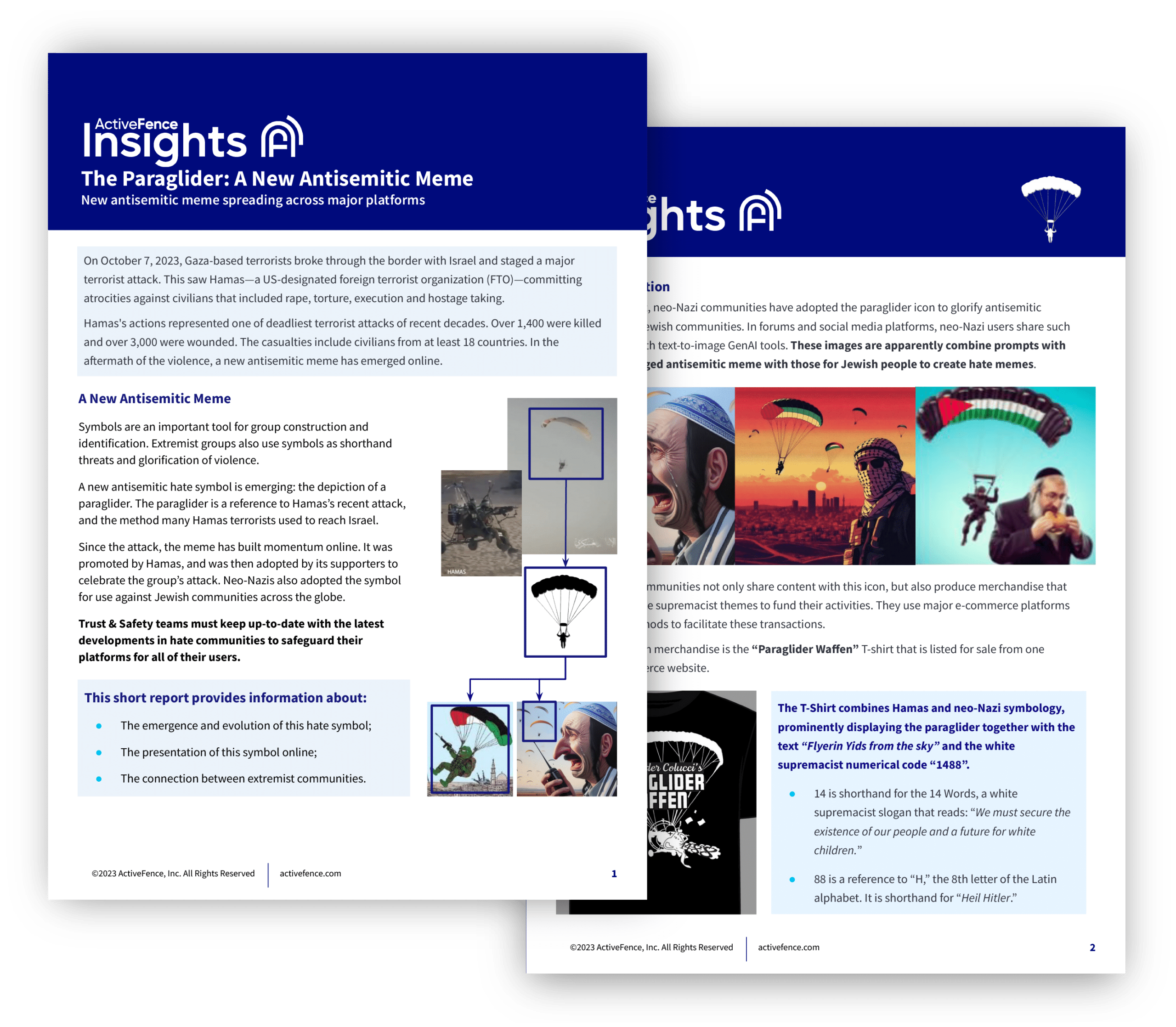 ActiveFence Insights report on 'The Paraglider: A New Antisemitic Meme.' The report discusses the emergence and spread of an antisemitic meme depicting a paraglider, used by extremist groups to glorify violence. The image shows various examples of the meme, including its adoption by neo-Nazi communities.