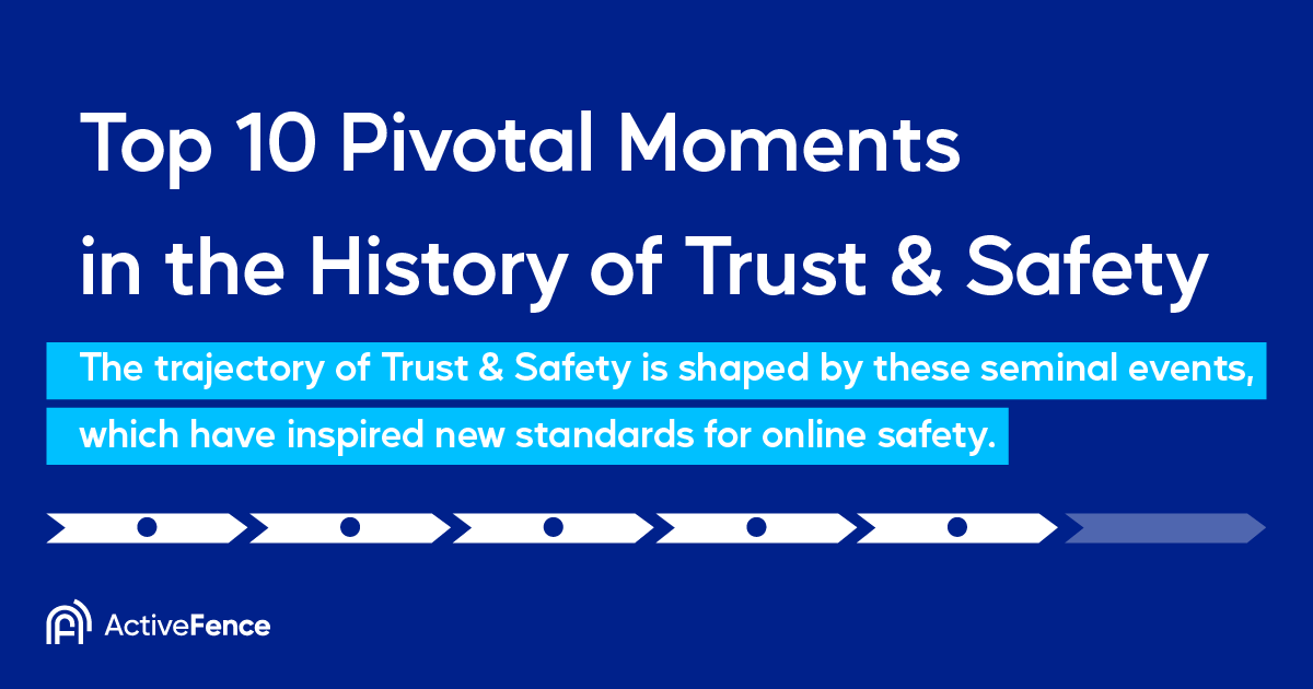 Banner for ActiveFence's infographic on the top 10 pivotal moments in the history of trust and safety.