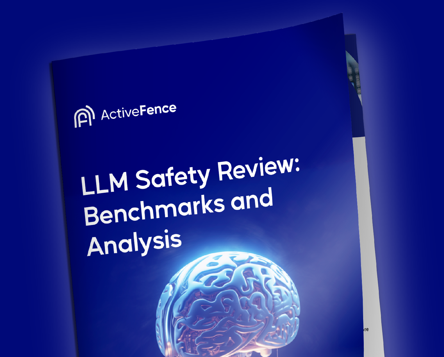 ActiveFence LLM Safety Review Report Cover featuring a stylized brain on a blue background.