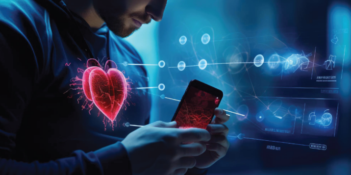 Man using a smartphone with a holographic heart and futuristic data interfaces.