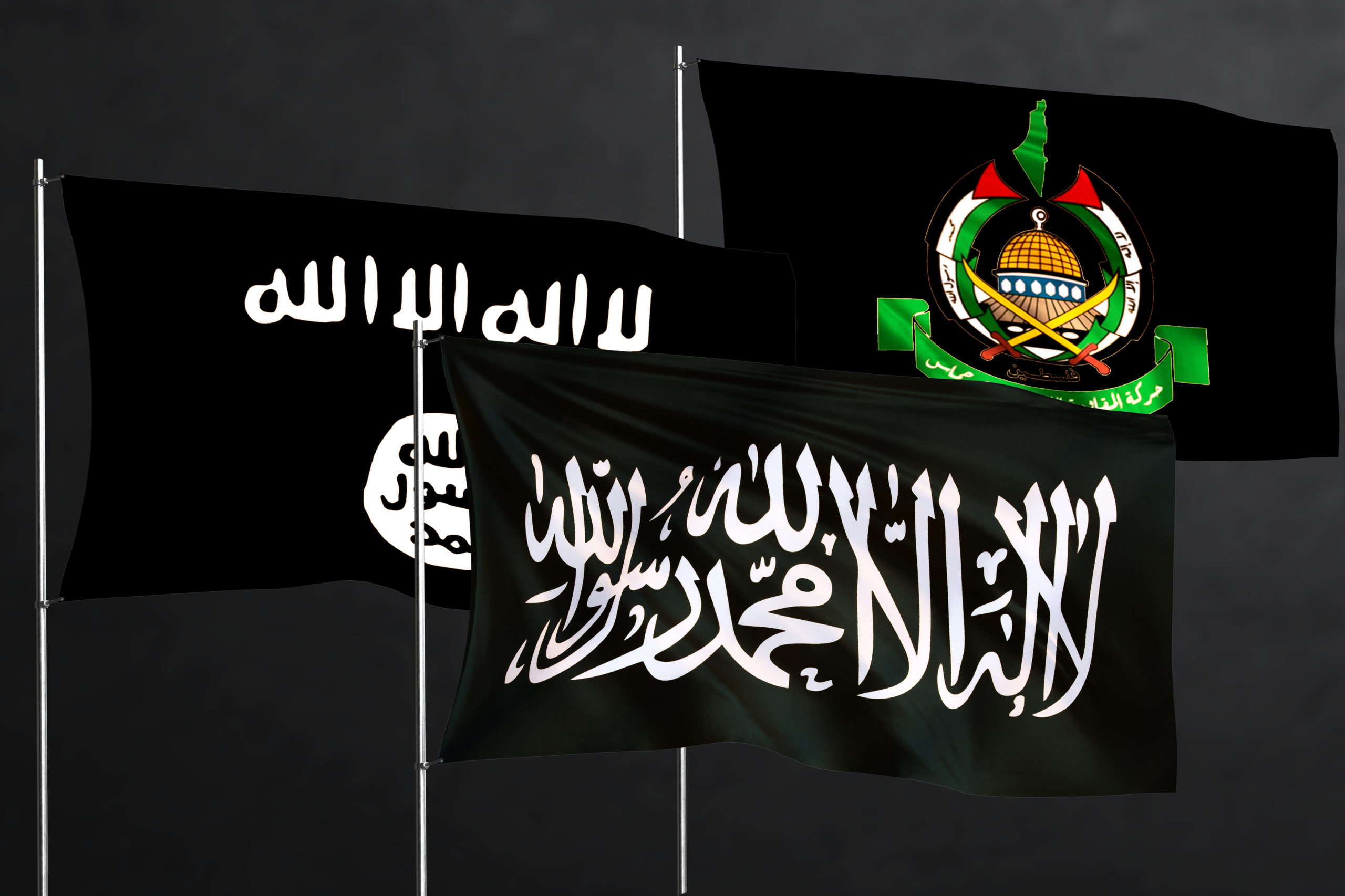 Flags of terrorist organizations, including ISIS and Hamas, on a dark background.