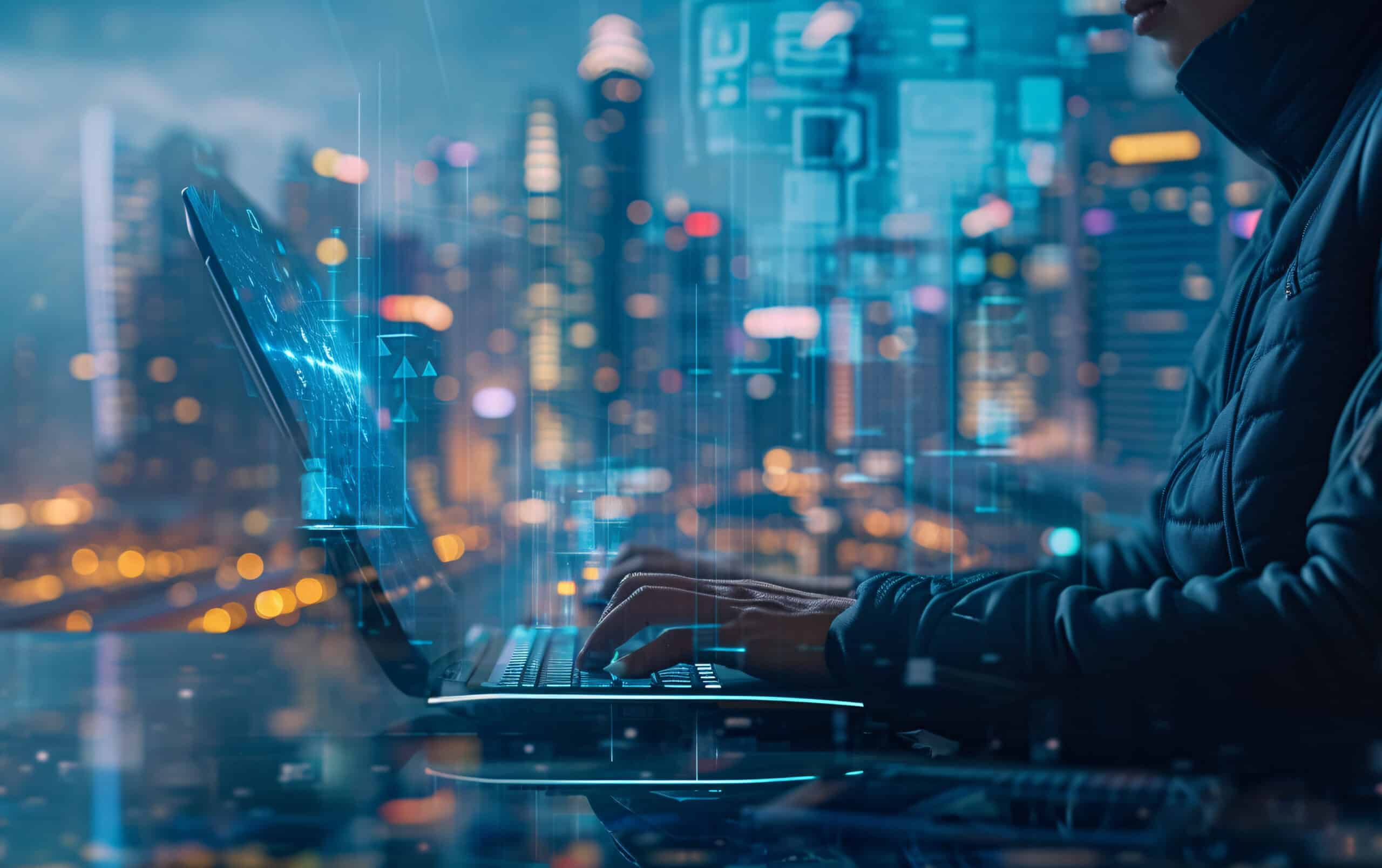 Person working on a laptop in a futuristic cityscape with digital overlay elements.