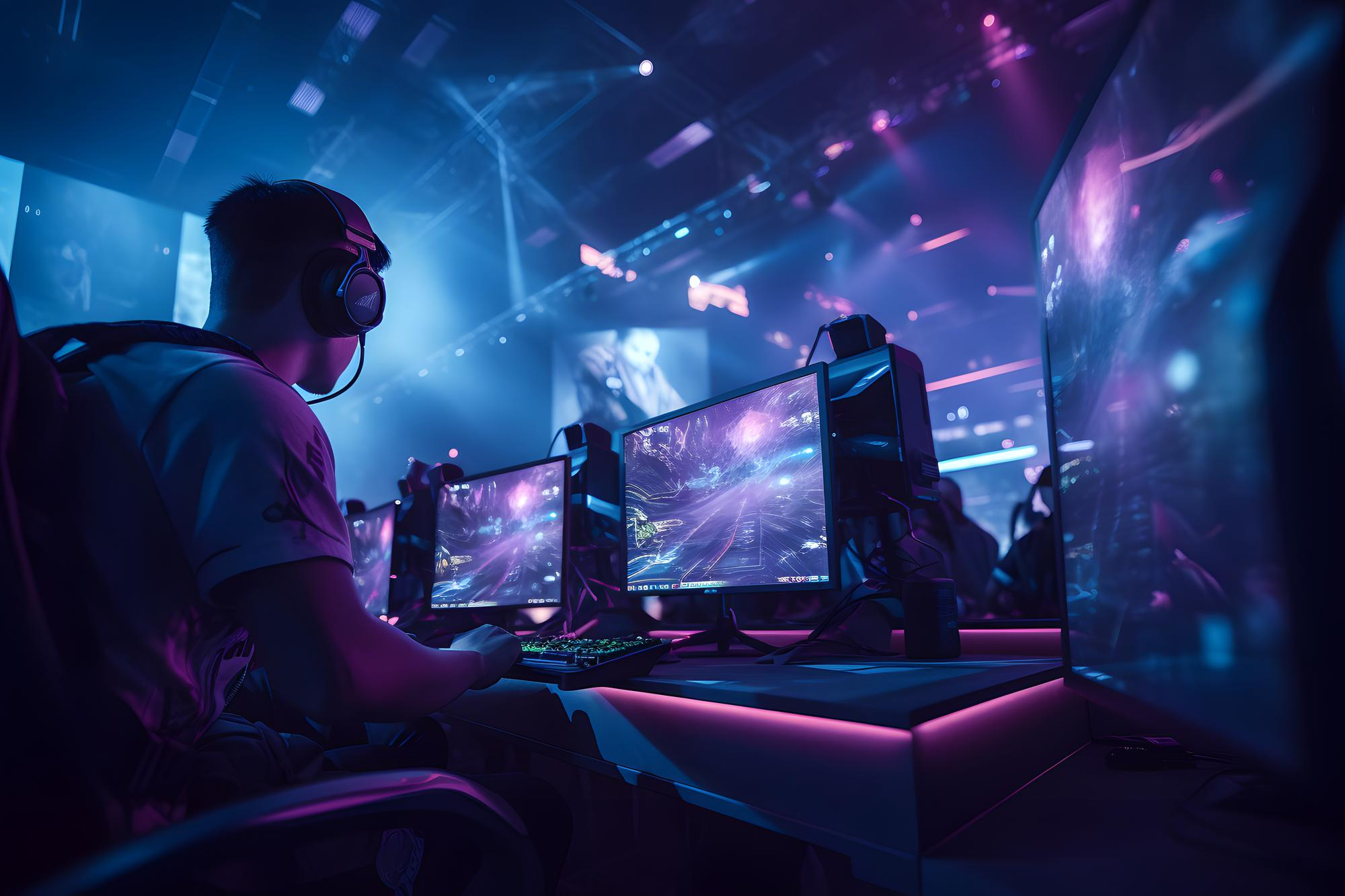 Gaming Person wearing headphones and playing a video game on multiple monitors in a dark, neon-lit gaming environment.