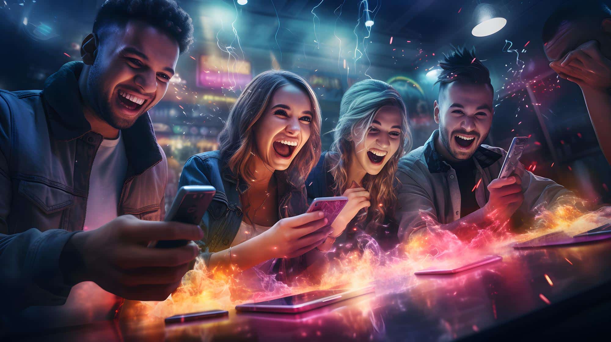 A group of friends enthusiastically playing mobile games together, with vibrant lights and dynamic effects creating an exciting atmosphere.