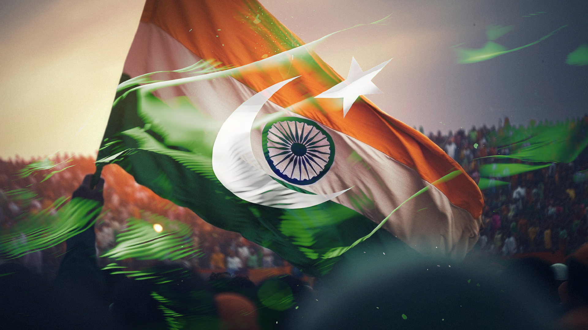 Illustration of a flag blending elements of both the Indian and Pakistani flags, with a crowd in the background, symbolizing unity or a diplomatic event between the two countries.