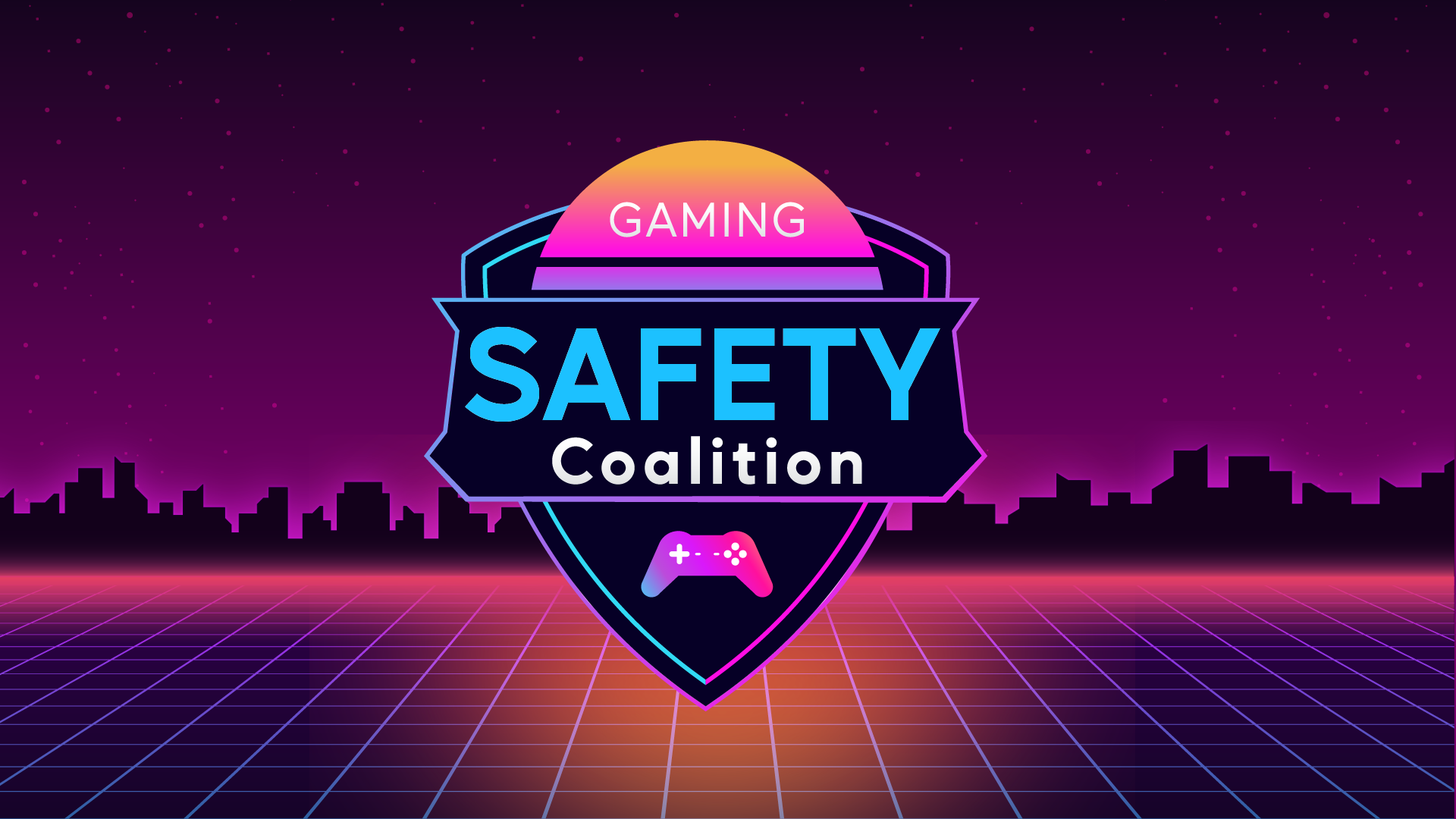Banner for the Gaming Safety Coalition with a neon cityscape background. The text reads 'Gaming Safety Coalition' with a game controller icon at the bottom.