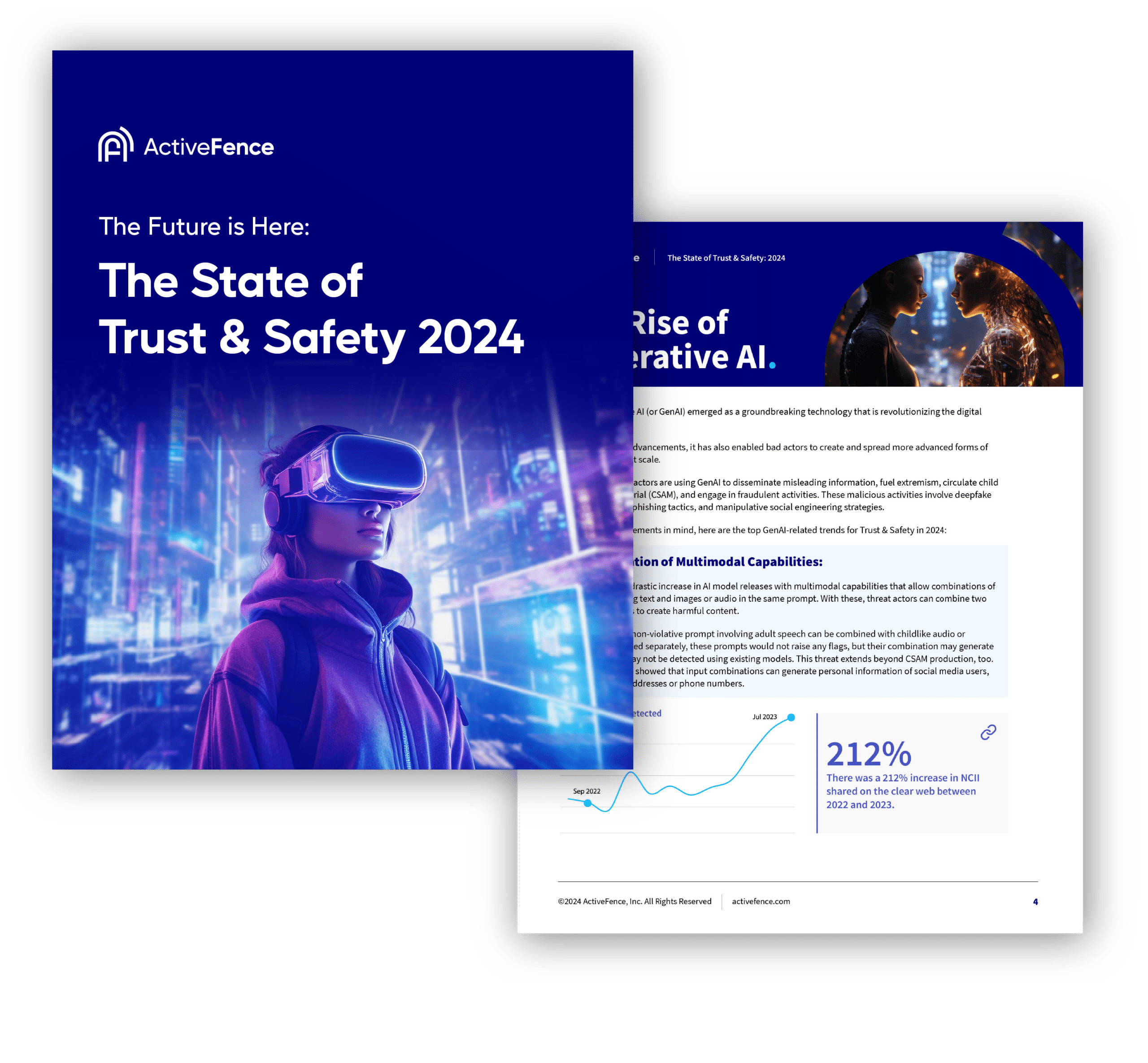 ActiveFence's 2024 Trust & Safety report cover. A person wearing a VR headset is featured on the cover with futuristic digital graphics in the background. The interior page discusses the rise of Generative AI and its impact on trust and safety.