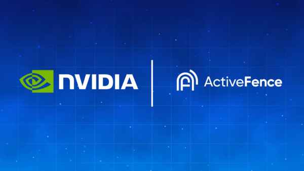 Logos of NVIDIA and ActiveFence on a blue background, symbolizing their collaboration for safe generative AI