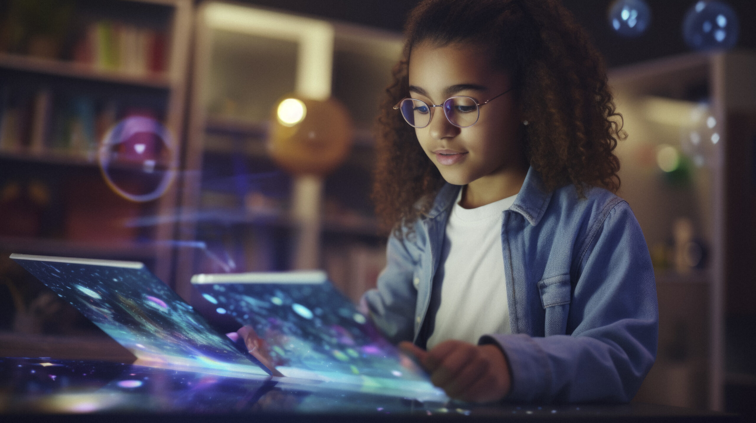Young girl using futuristic technology, representing child safety online