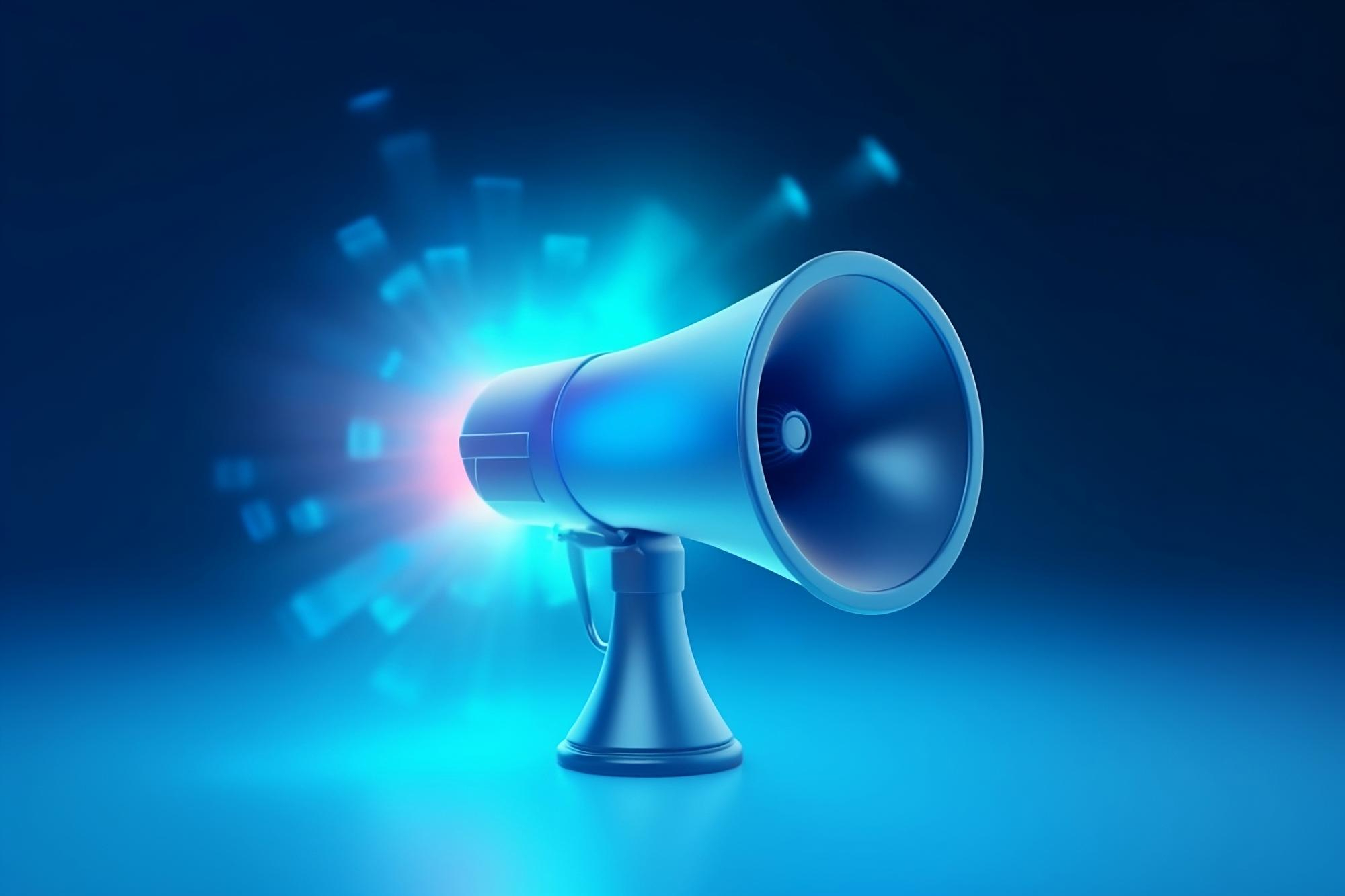 Blue megaphone emitting digital signals against a blue background, symbolizing improved communication and detection.