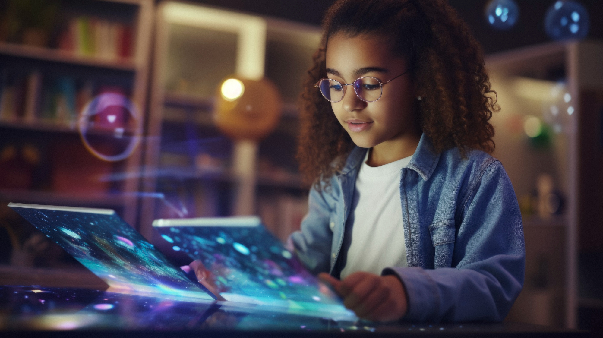 Young girl with glasses using futuristic high-tech devices, representing child safety online.