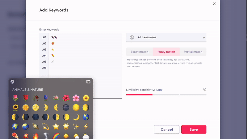Screen showing the process of adding keywords in a content management system, with options for exact match, fuzzy match, partial match, and a selection of emojis under Animals & Nature.