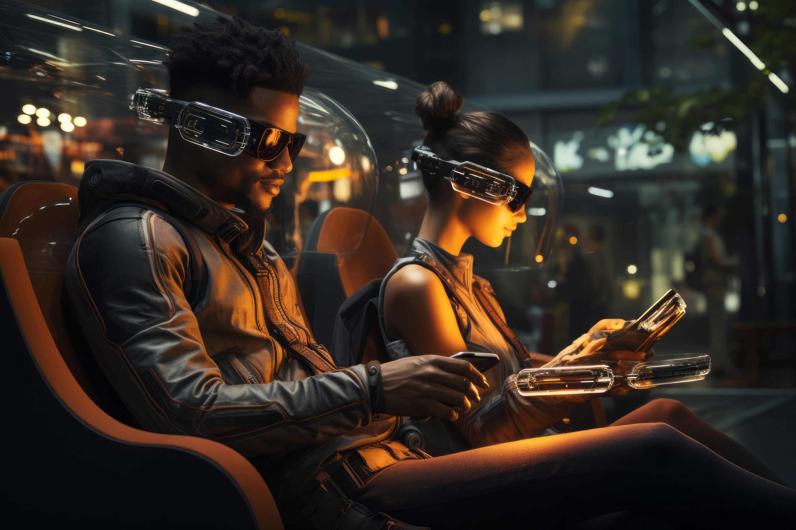 Two individuals wearing futuristic gear and using advanced technology in a high-tech urban environment.