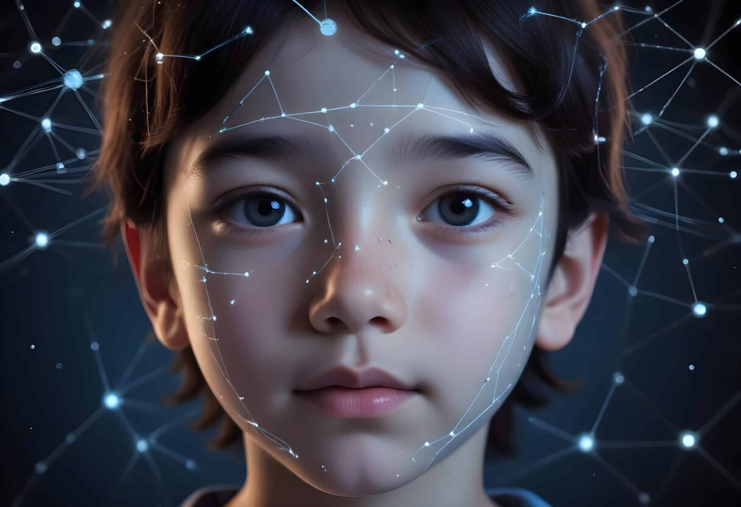 Close-up of a child's face with a constellation of tech lines overlay, symbolizing face age estimation and child safety.