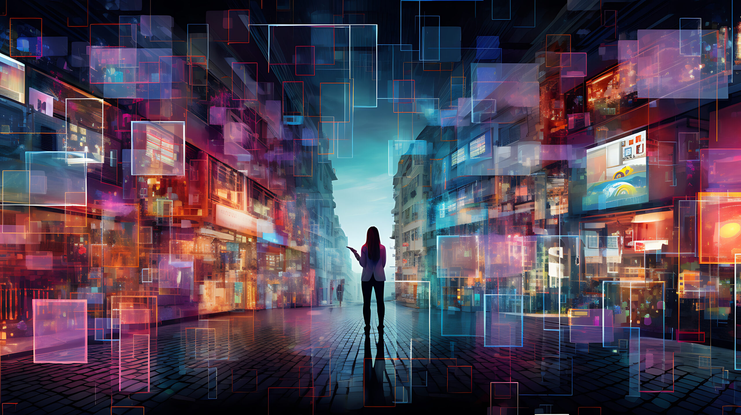 A silhouette of a person standing in a futuristic city street surrounded by digital screens and holographic visuals.