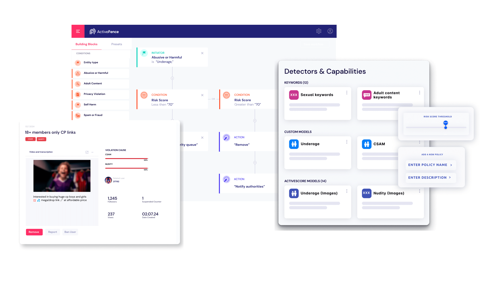 ActiveFence platform interface showing various detectors and capabilities for identifying sexual keywords, adult content, underage content, and CSAM. The image highlights a policy-building workflow with conditions and actions, including risk score thresholds and actions such as removing content and notifying authorities.