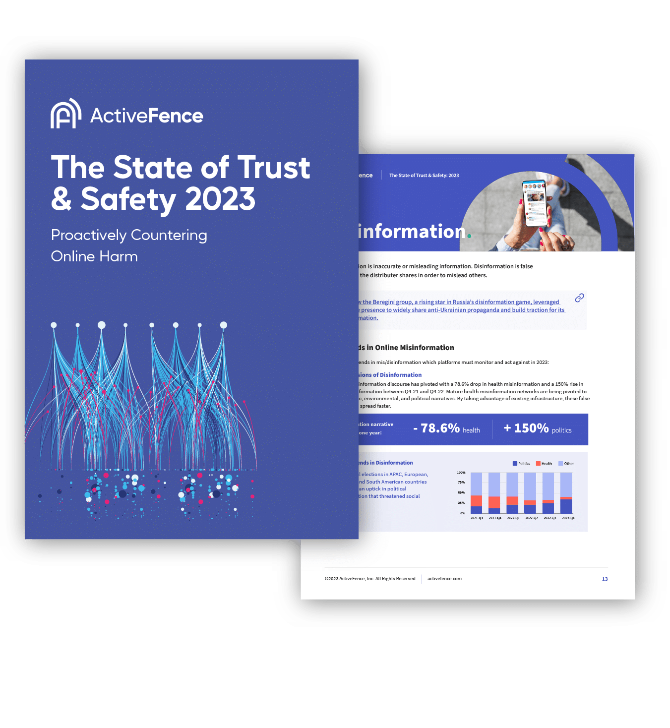 Cover of the ActiveFence report titled 'The State of Trust & Safety 2023: Proactively Countering Online Harm' with an abstract illustration of interconnected lines and dots on a blue background.