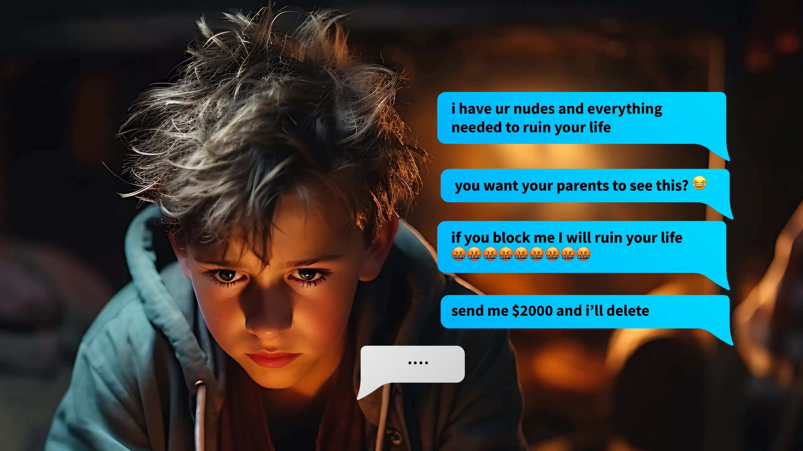 Distressed child reading threatening messages on a screen