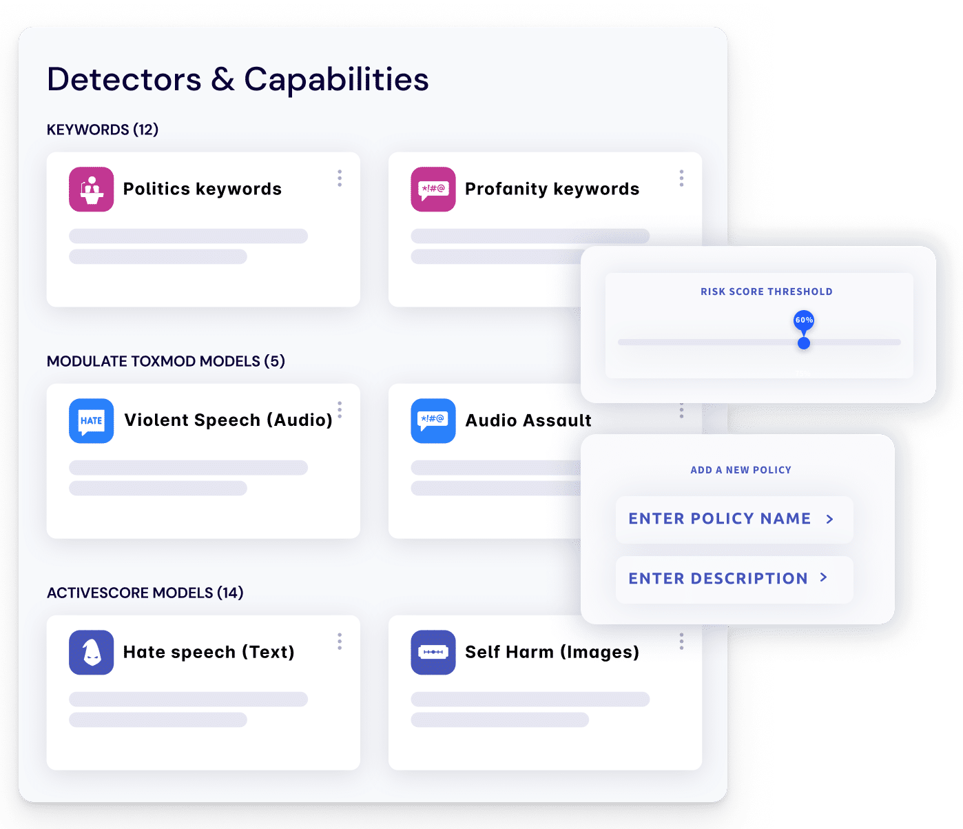 Screenshot of the Detectors & Capabilities section on the ActiveFence platform, showcasing various detectors including Politics keywords, Profanity keywords, Violent Speech (Audio), Audio Assault, Hate Speech (Text), and Self Harm (Images), along with options to adjust risk score threshold and add new policies.