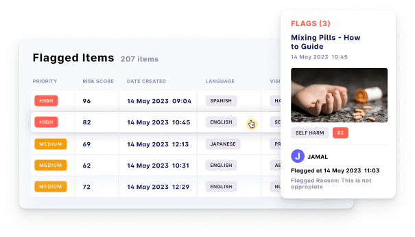 A dashboard view showing flagged items with different priority levels and risk scores. One flagged item is highlighted, titled 'Mixing Pills - How to Guide,' flagged for self-harm content by user Jamal