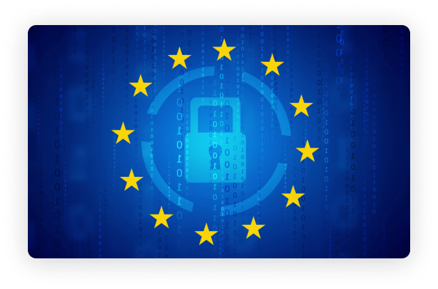 European Union flag with a padlock symbol in the center, surrounded by binary code, representing cybersecurity and data protection.