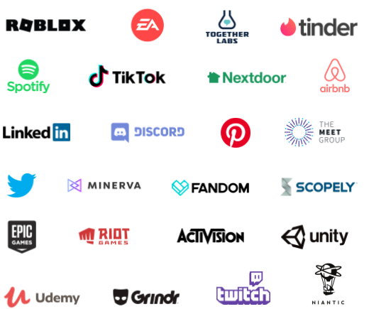 Logos of various companies including Roblox, EA, Together Labs, Tinder, Spotify, TikTok, Nextdoor, Airbnb, LinkedIn, Discord, Pinterest, The Meet Group, Twitter, Minerva, Fandom, Scopely, Epic Games, Riot Games, Activision, Unity, Udemy, Grindr, Twitch, and Niantic.