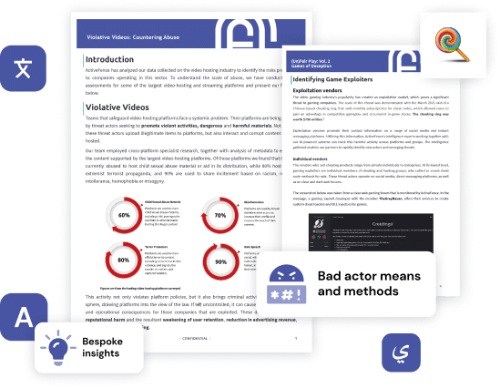 Collage of research reports on video hosting platforms, showcasing analysis on violative videos, bad actor methods, and bespoke insights. Highlighted sections include charts on child sexual abuse material, terror promotion, and hate speech.