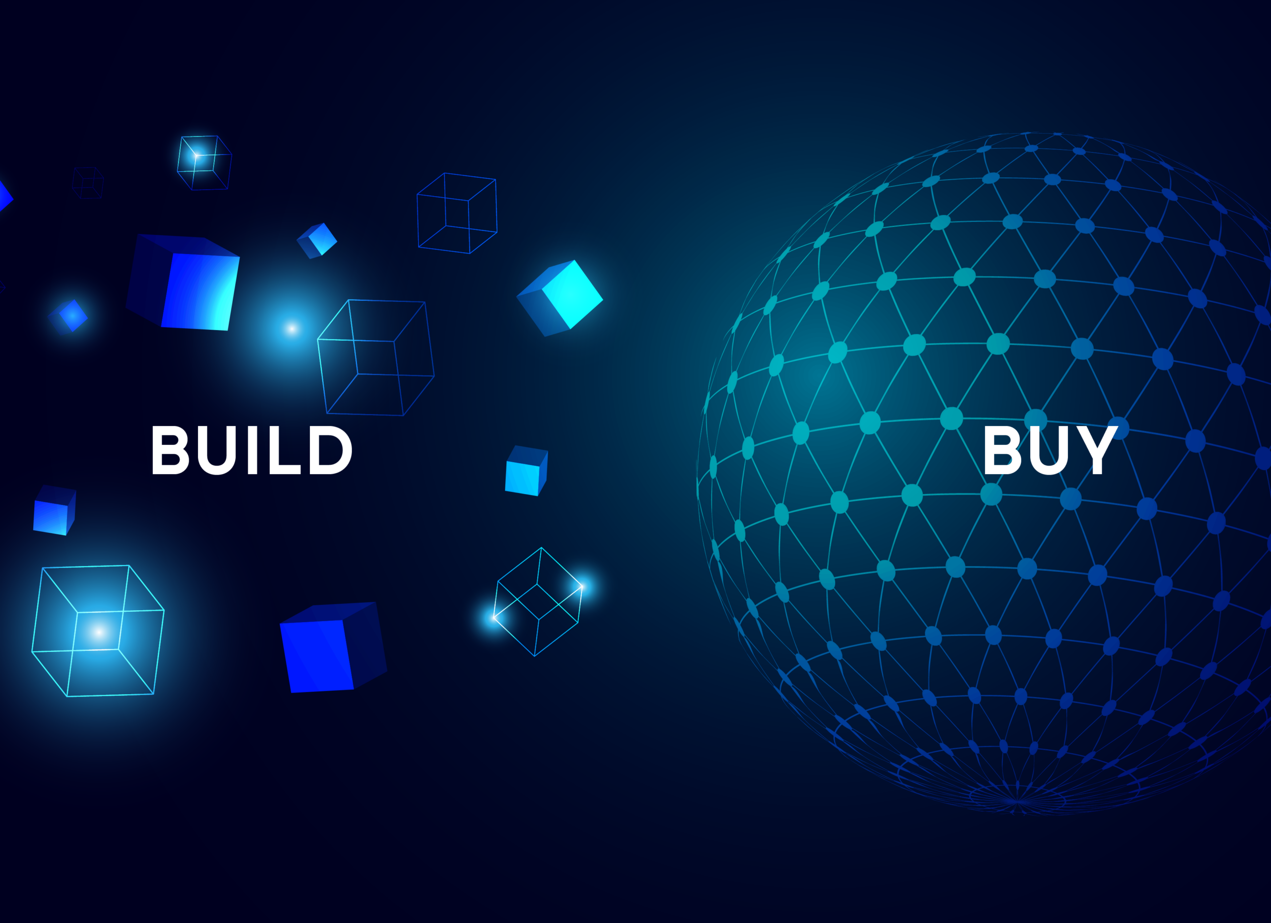 Illustration showing 'Build' on the left with floating cubes and 'Buy' on the right with a network sphere, representing a decision between building and buying solutions.