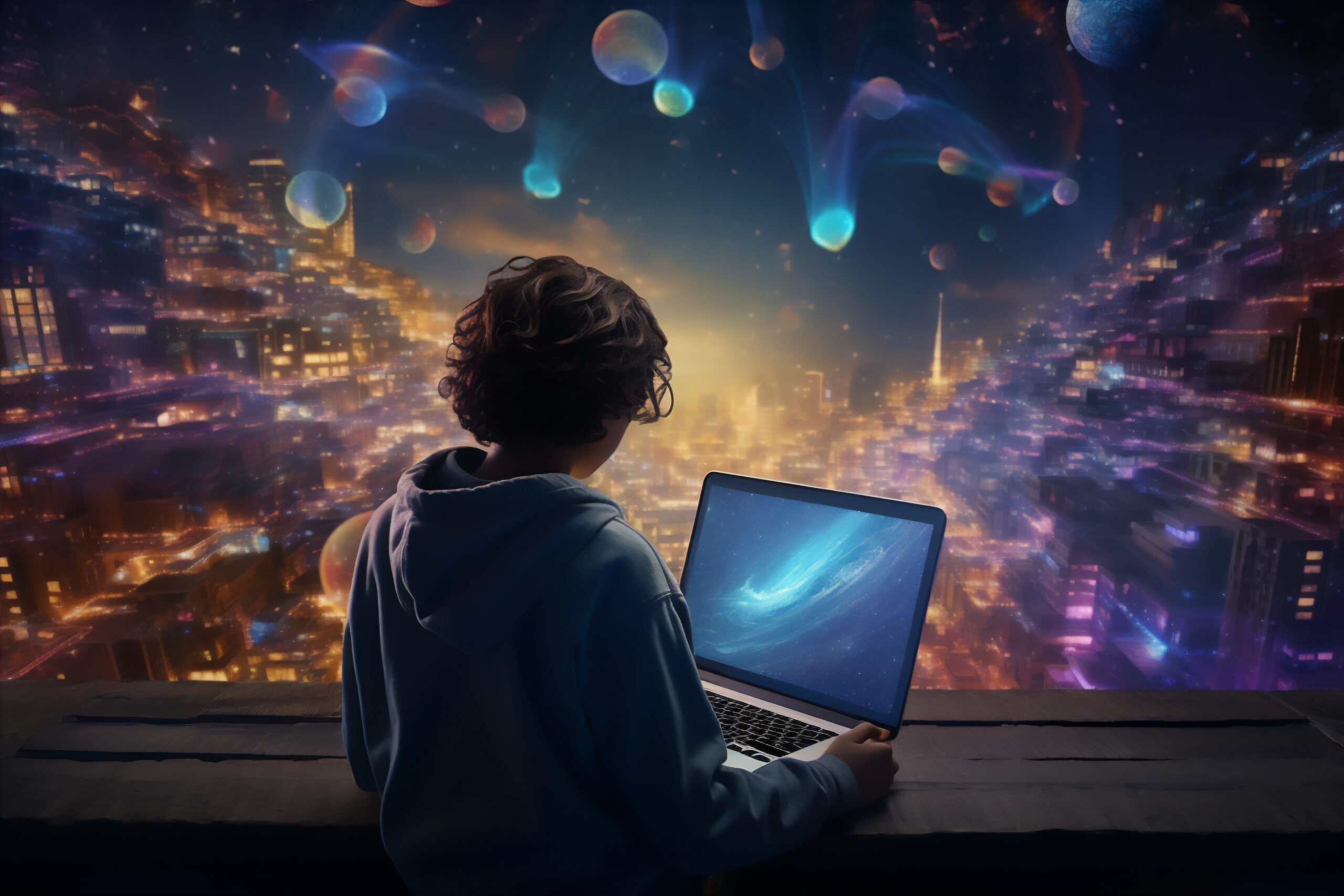 Child looking at a laptop screen with a futuristic cityscape background, highlighting the digital world