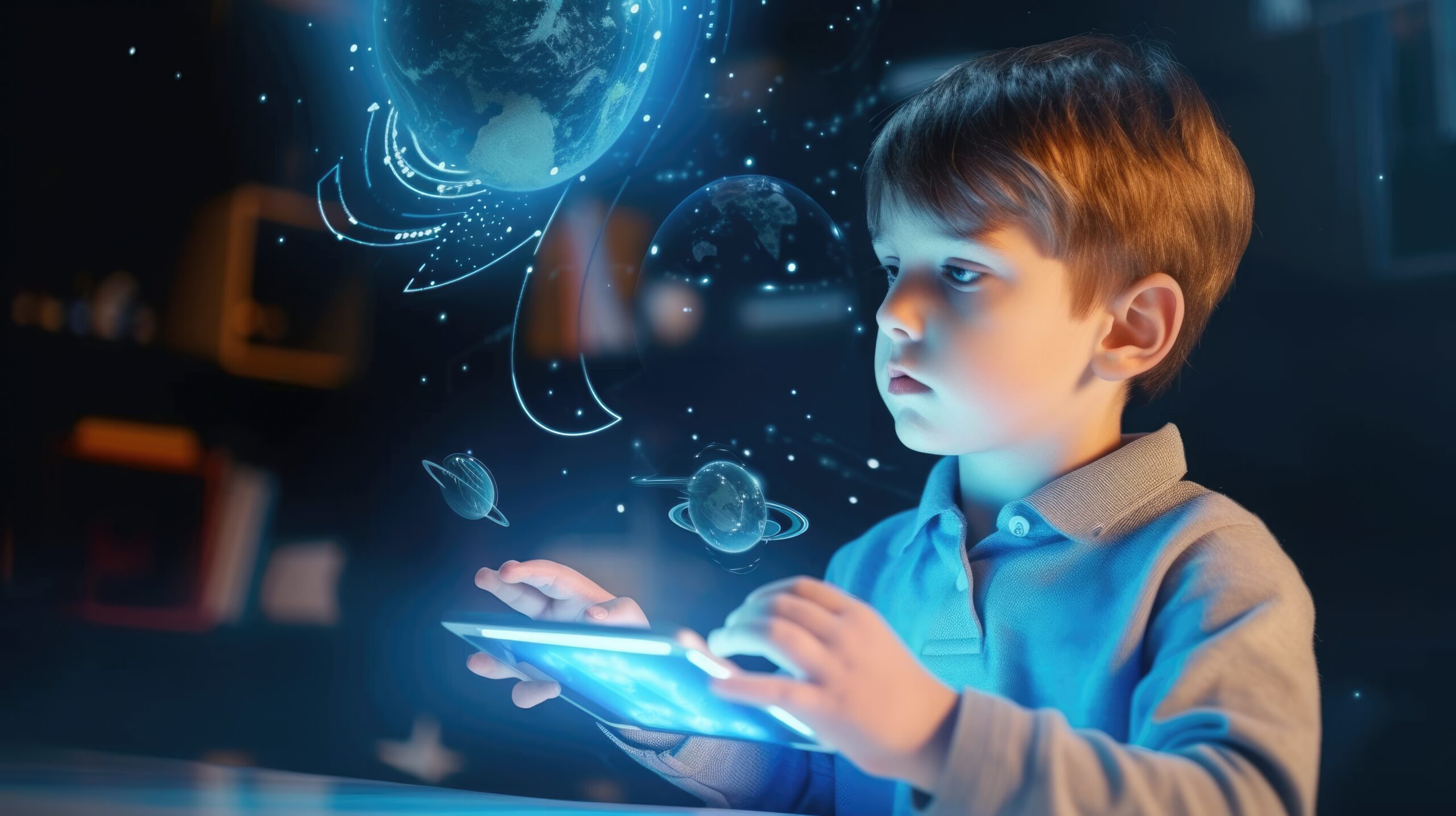A young child exploring a virtual globe with an interactive display, showcasing a digital representation of planets and space elements.