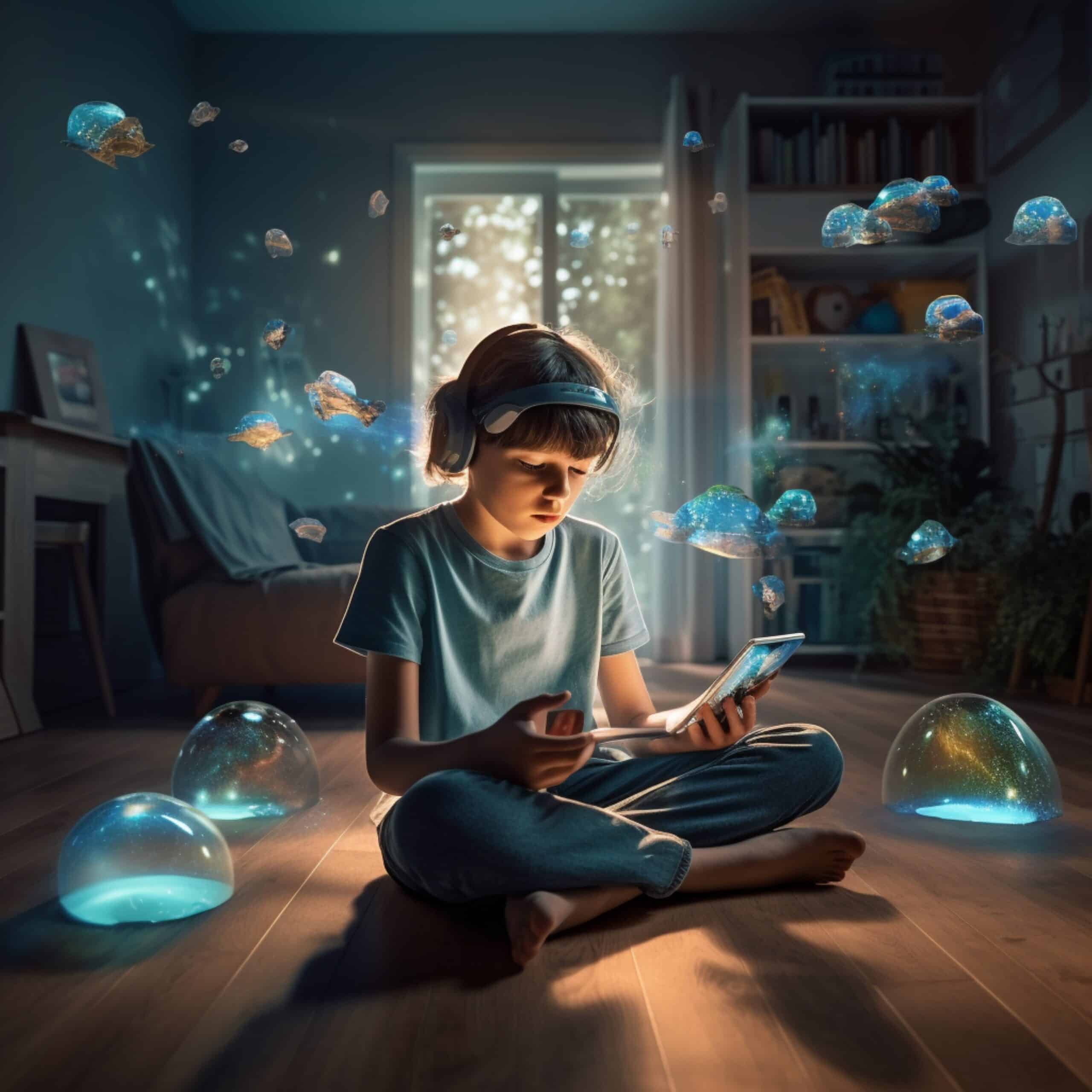 Young boy sitting cross-legged on the floor, wearing headphones, and interacting with a digital tablet surrounded by floating holographic objects in a cozy room.