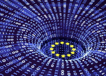 European Union flag with yellow stars in the center, surrounded by a vortex of binary code, symbolizing data flow and cybersecurity within the EU.