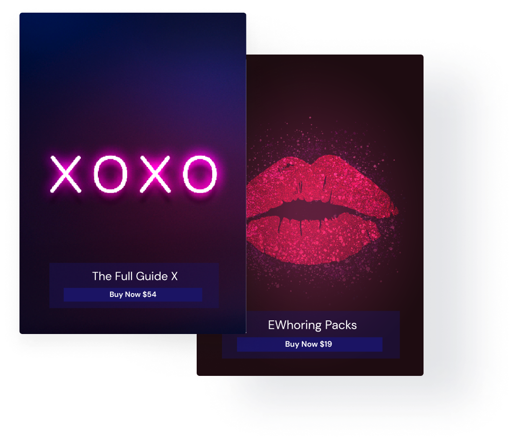 Image showing two advertisement cards. The left card features the text 'XOXO' in neon lights with the title 'The Full Guide X' and a price of . The right card displays a red glittering lips graphic with the title 'EWhoring Packs' and a price of .