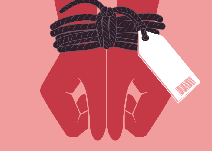 Illustration of two hands bound together with rope and a price tag attached, symbolizing human trafficking.