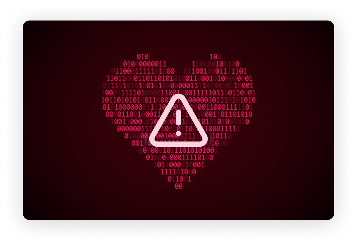 Heart-shaped binary code with a warning symbol in the center, symbolizing digital risk