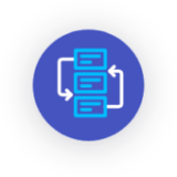 Icon representing workflow with interconnected blocks and arrows.