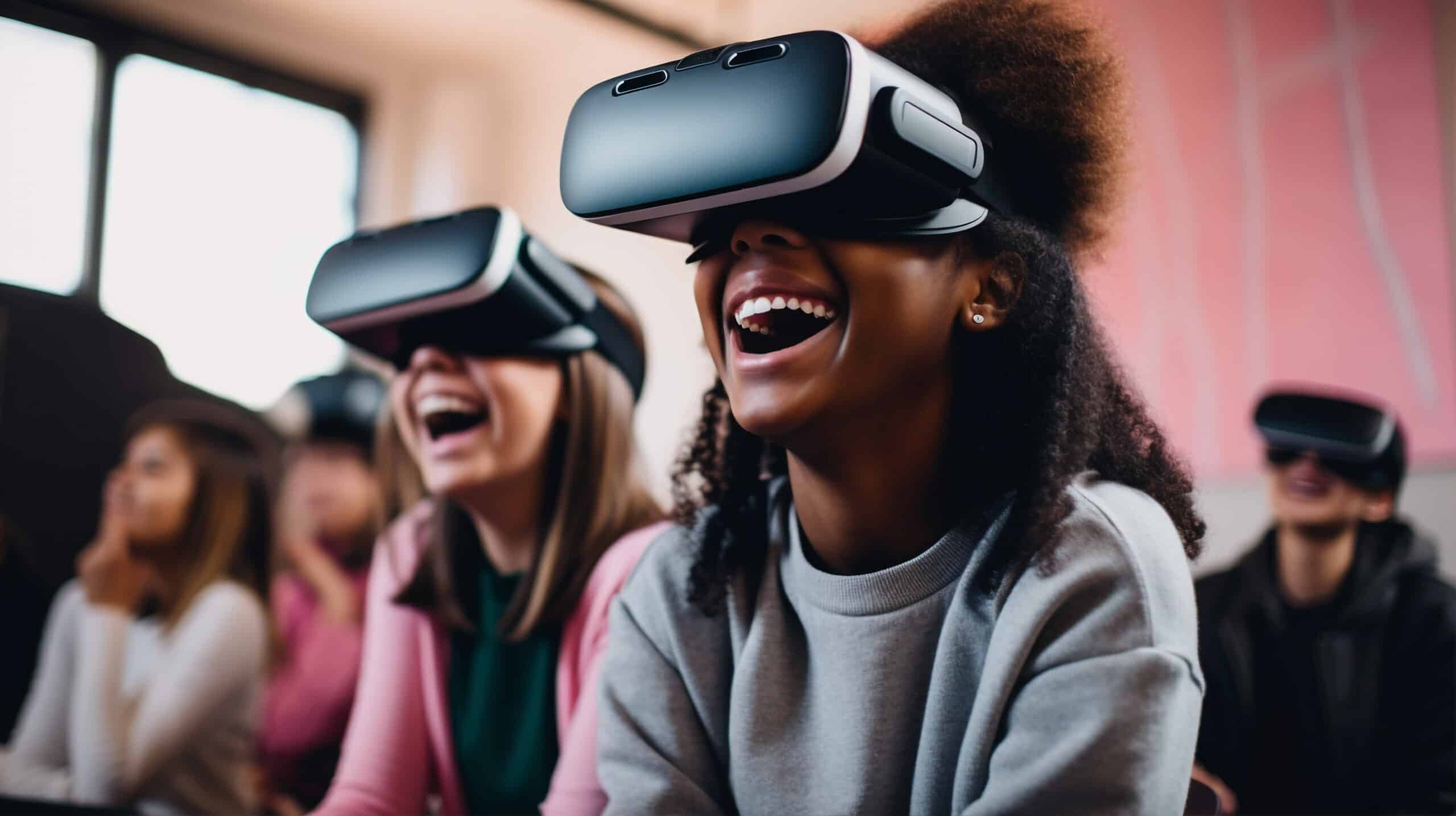 Diverse group of young people wearing VR headsets, laughing and enjoying a virtual reality experience in a bright room.