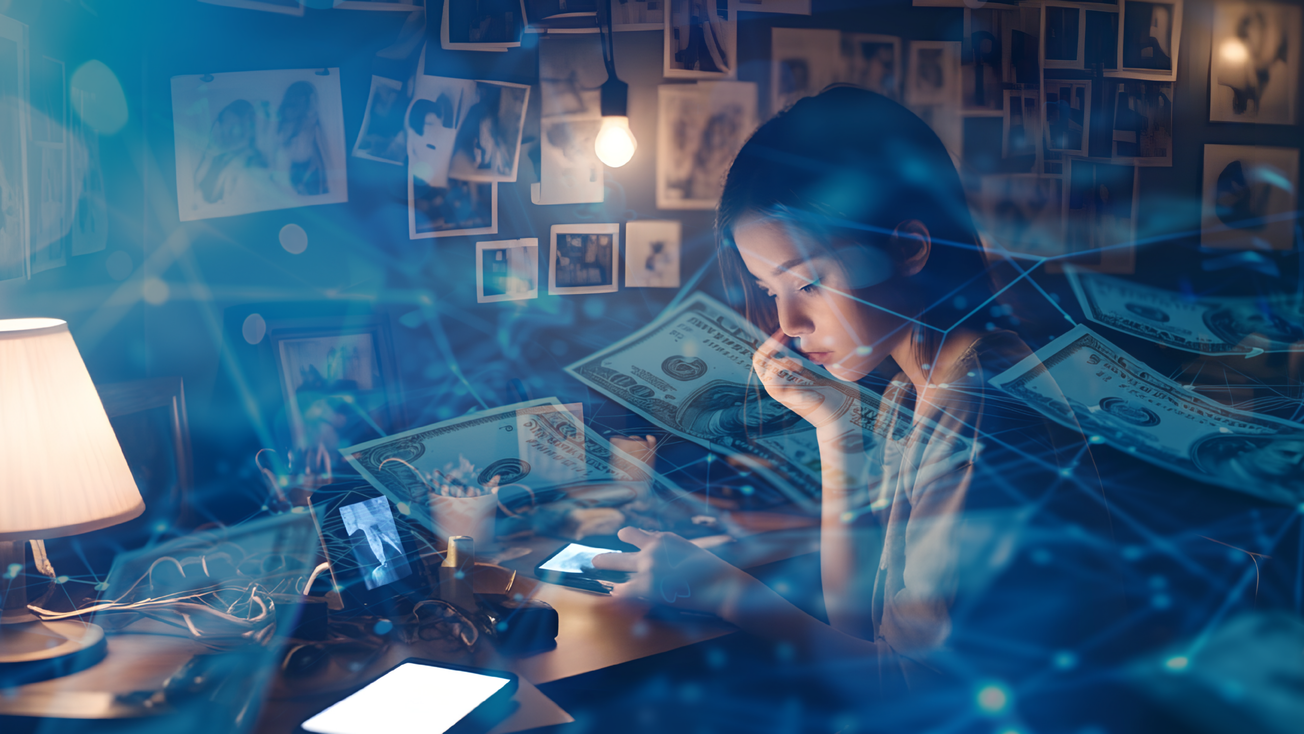 Young woman in a dimly lit room surrounded by digital images and dollar bills, representing financial sextortion.