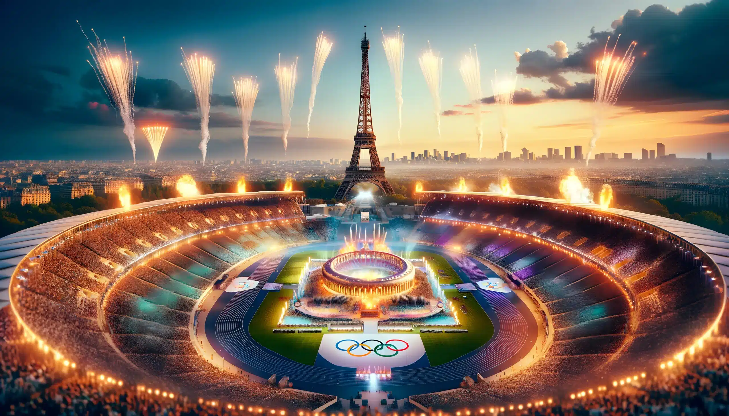 Paris Olympic Stadium during the 2024 opening ceremony, with the Eiffel Tower standing tall in the background.