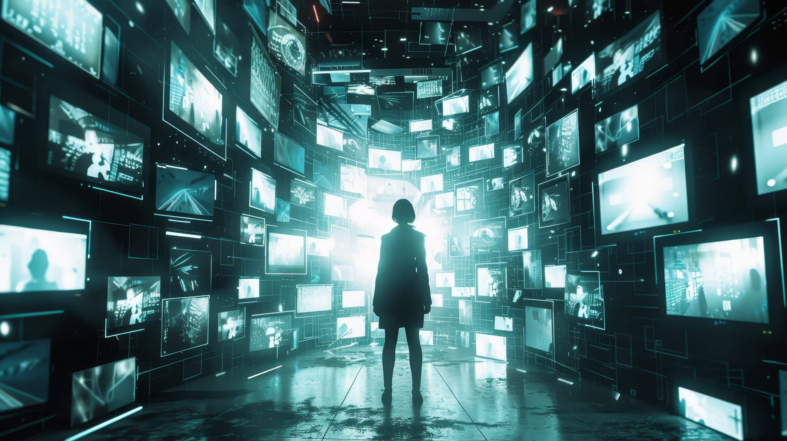 Person standing in a dark room surrounded by numerous digital screens displaying various images, representing technology addiction and cybersickness