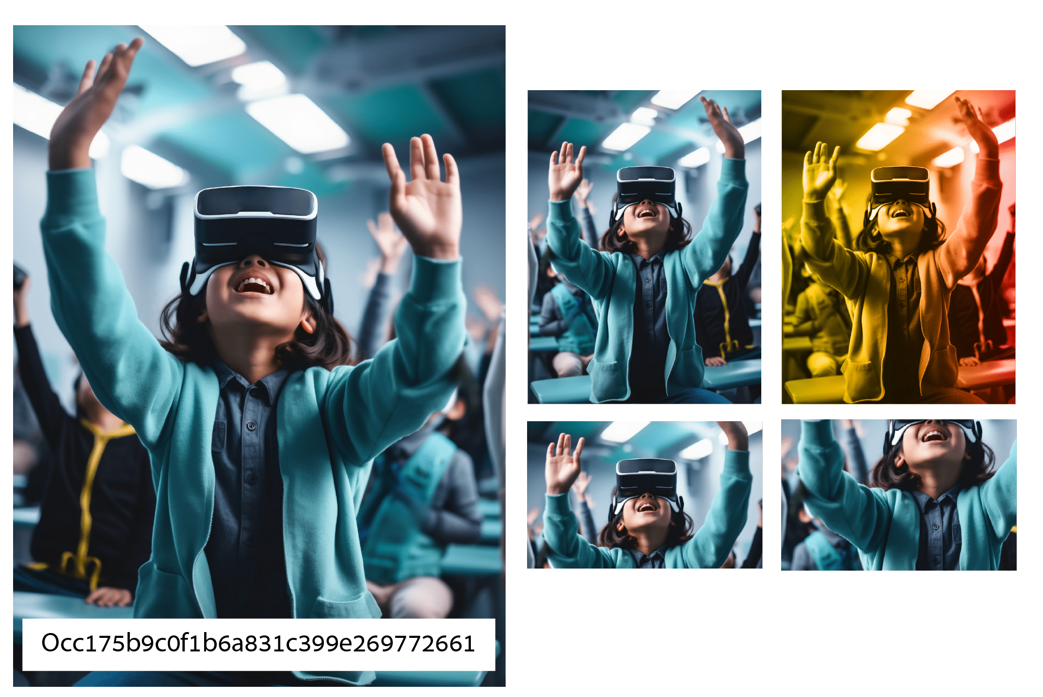 Child wearing a virtual reality headset with arms raised in excitement, surrounded by other children in a classroom.