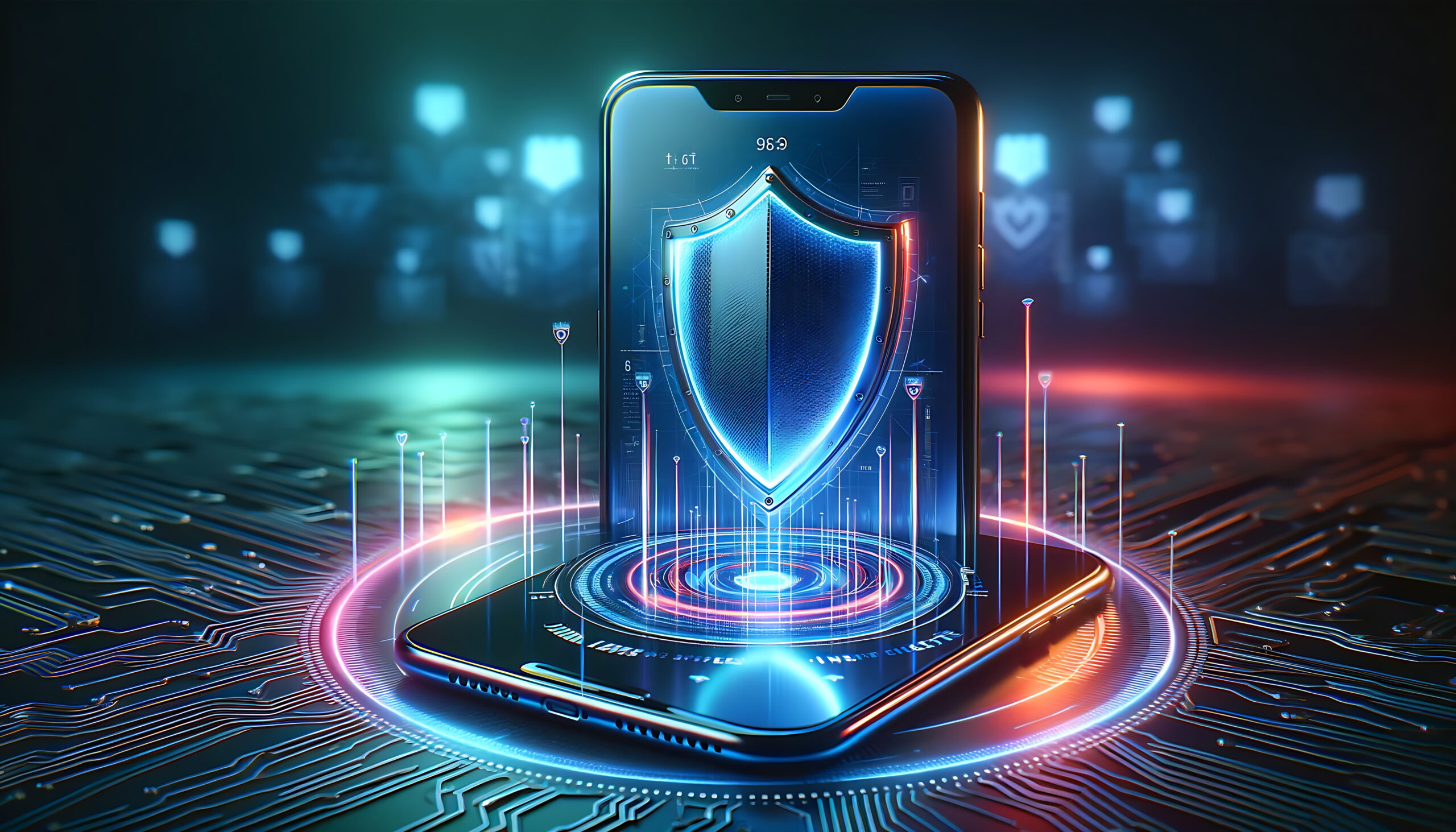 Smartphone with holographic shield representing cybersecurity protection