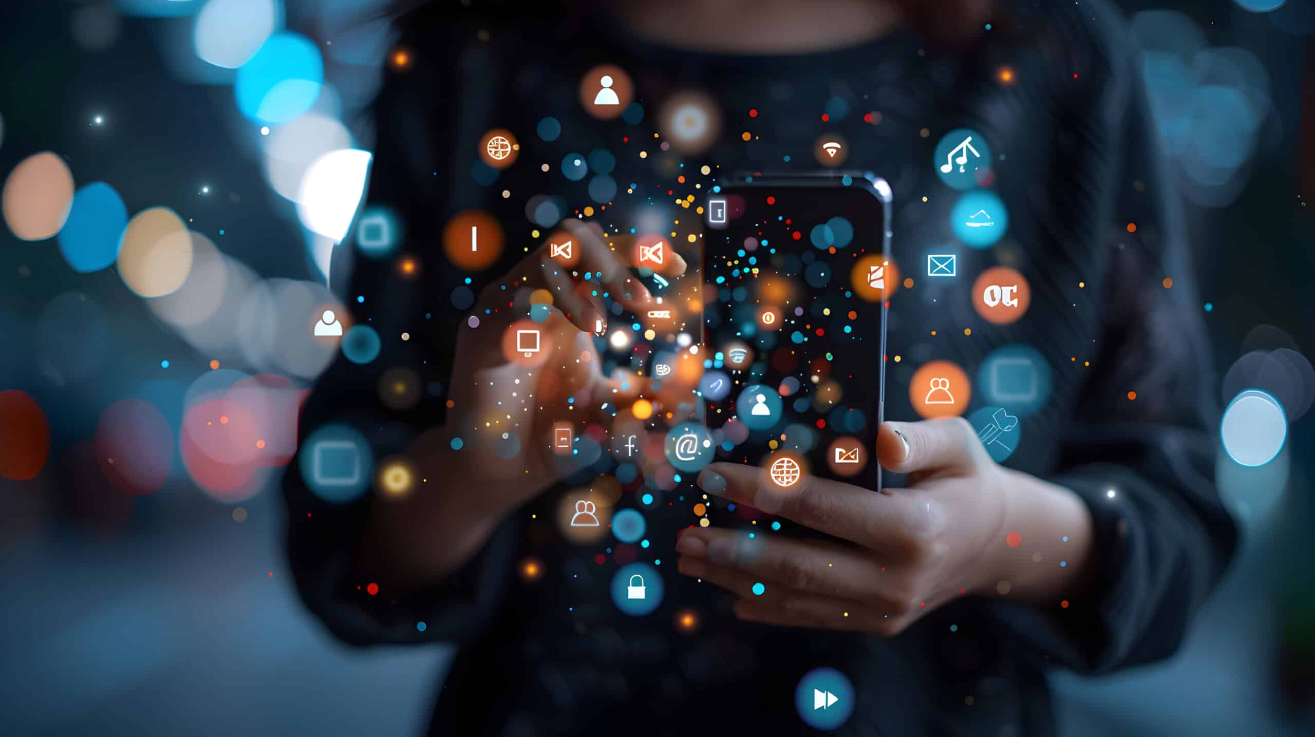 Person interacting with smartphone surrounded by digital icons and social media symbols.