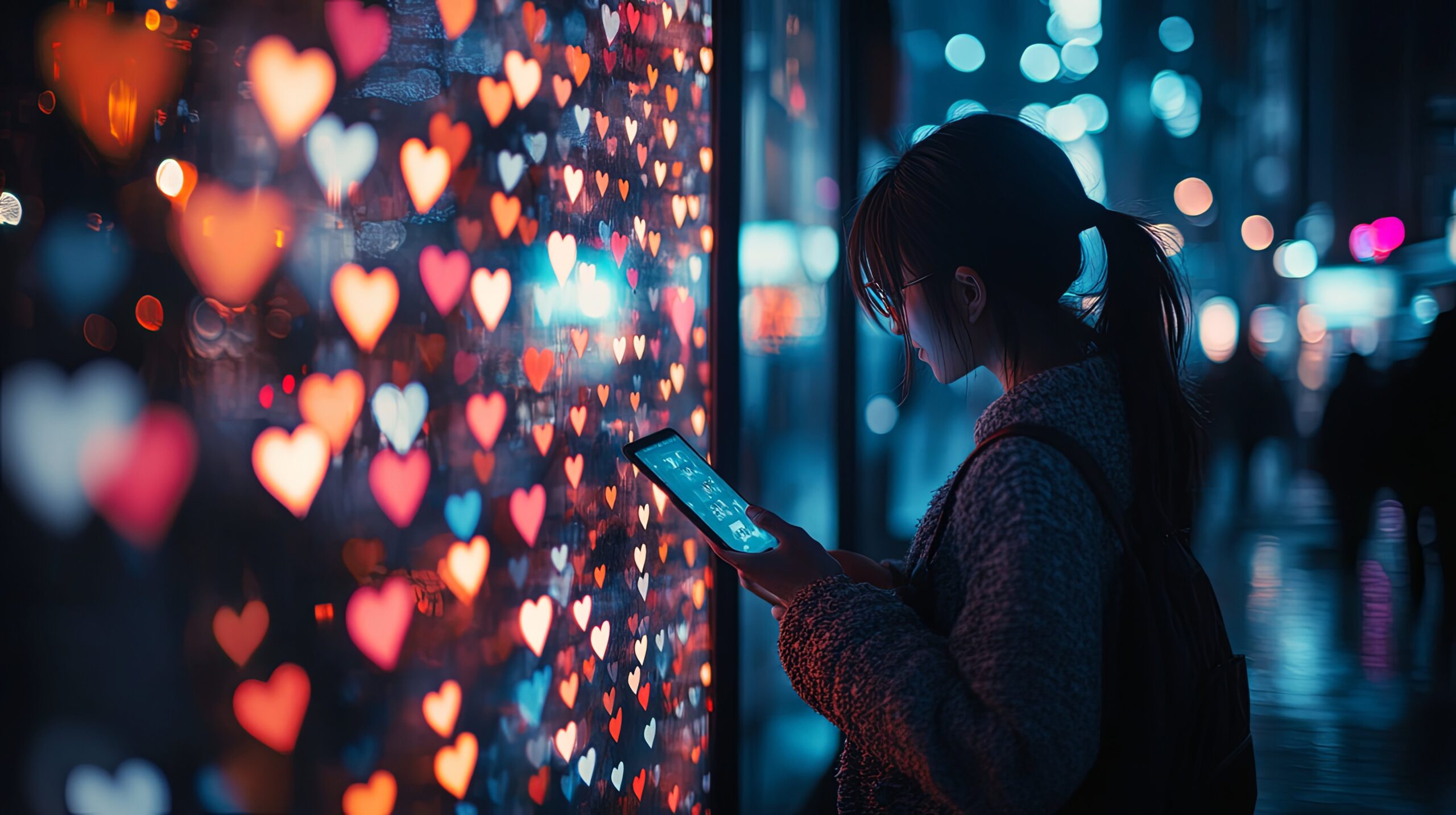 Woman using a tablet at night with heart-shaped lights in the background.