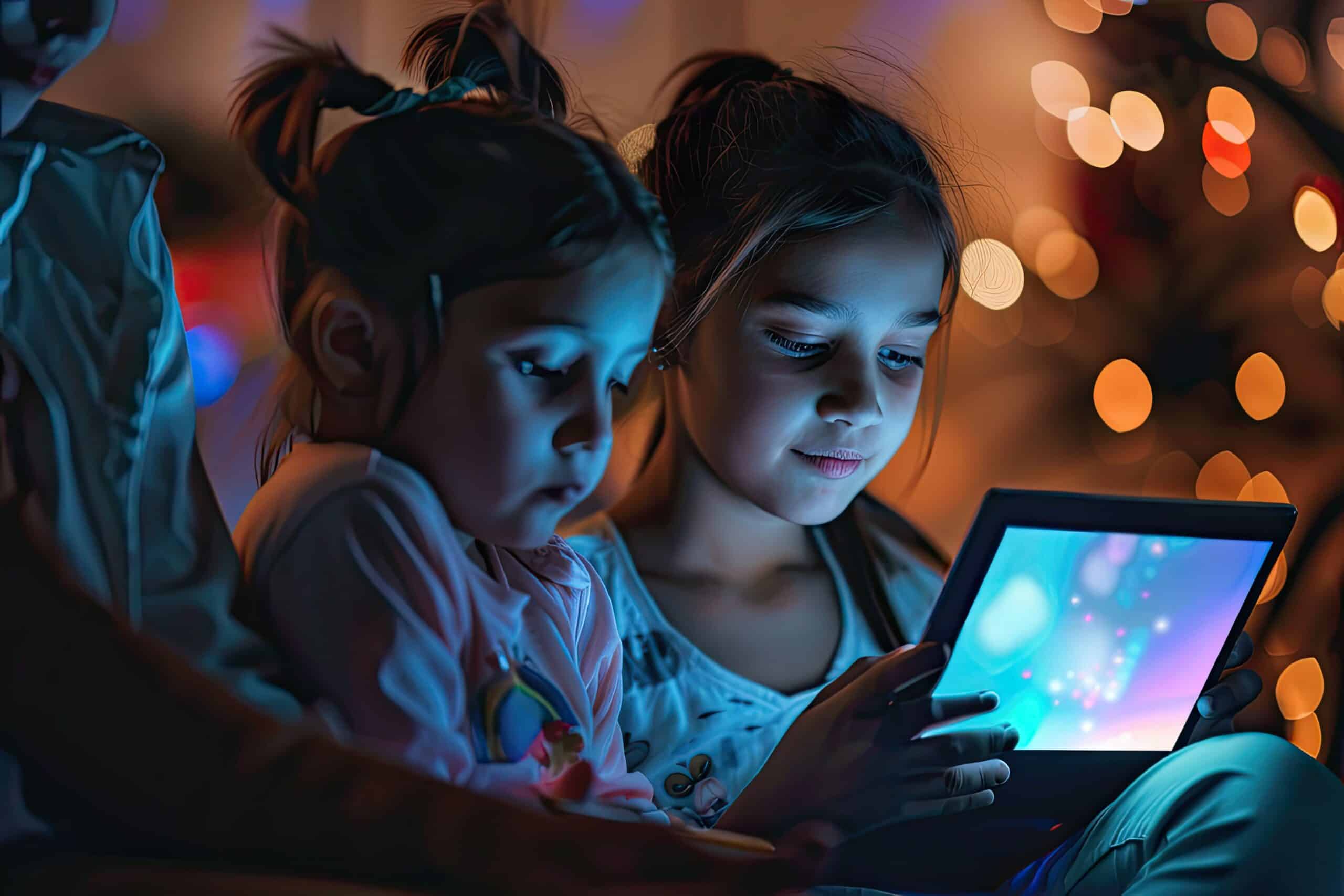 Two young girls sitting closely, illuminated by a tablet screen, with soft, warm lights in the background."